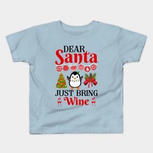 Dear Santa bring me wine funny christmas humour snow retro Kids T-Shirt